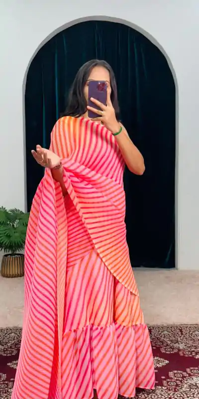 ST 1051 Pink Color Georgette Digital Printed Ruffle Gown Saree Casual, Wedding, Party, Festive, Events Etc. Expected Delivery 4-6 Working Days @1849/- | Bollywood Sarees, Creative Sarees, Designer Sarees, Embroidered Sarees, Ethnic Saree, Modern Digital sarees, Party Wear Sarees, Sarees