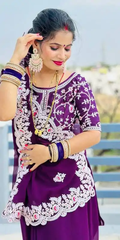 ST 447 Purple Color Georgette Cotton Thread Embroidery Saree Casual, Wedding, Party, Festive, Events Etc. Expected Delivery 4-6 Working Days @1849/- | Bollywood Sarees, Creative Sarees, Designer Sarees, Embroidered Sarees, Ethnic Saree, Modern Digital sarees, Party Wear Sarees, Sarees