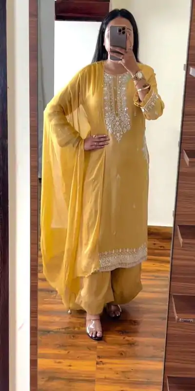 SRK 5159 Yellow Color Pure Chinnon Silk Embroidery Coding Dori Salwar Suit Wedding, Party, Festive, Events Expected Delivery 4-6 Working Days @ 1899/- | Jump Suits, Casual Suits, Creative suits, Designer Suits, Palazzo Suits, Party Wear Suits, Patiala Suits, Salwar suit, Straight Suits