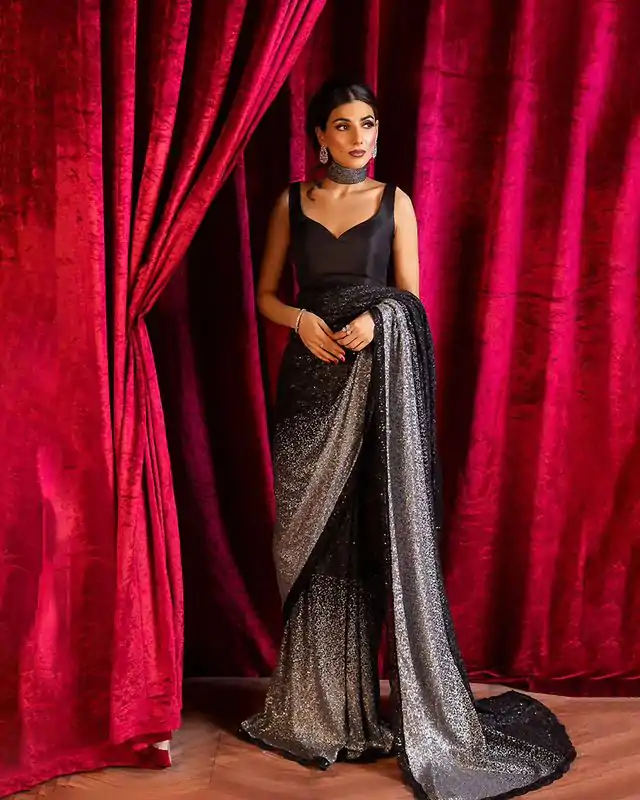 DF 3406 Black Color Georgette Sequins Embroidery Work Saree Casual, Party Wear, Wedding, Events Etc Delivery Expected.4-6 Working Days 1799/- | Bollywood Sarees, Creative Sarees, Designer Sarees, Embroidered Sarees, Ethnic Saree, Modern Digital sarees, Party Wear Sarees, Sarees