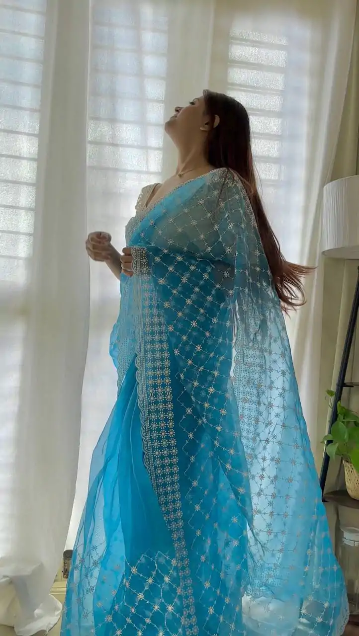   AC ARROW Blue Color Organza Embroidery Thread Work Saree Casual, Wedding, Festive, Events Expected Delivery 4-6 Working Days @2099/- | Bollywood Sarees, Creative Sarees, Designer Sarees, Embroidered Sarees, Ethnic Saree, Modern Digital sarees, Party Wear Sarees, Sarees