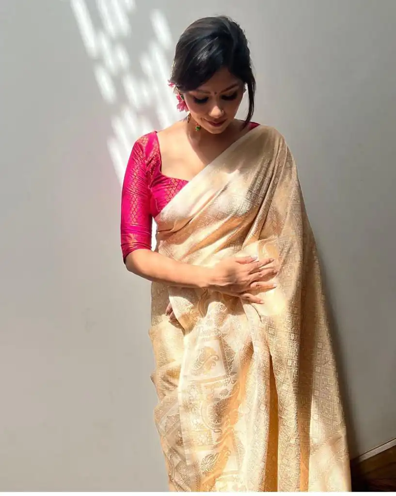 DDF Cream Color Soft Lichi Silk Ordinary Design Rich Pallu Saree Casual, Party Wear, Events, Festivals Etc. Expected Delivery 4-6 Working Days 1399/ | Bollywood Sarees, Creative Sarees, Designer Sarees, Embroidered Sarees, Ethnic Saree, Modern Digital sarees, Party Wear Sarees, Sarees