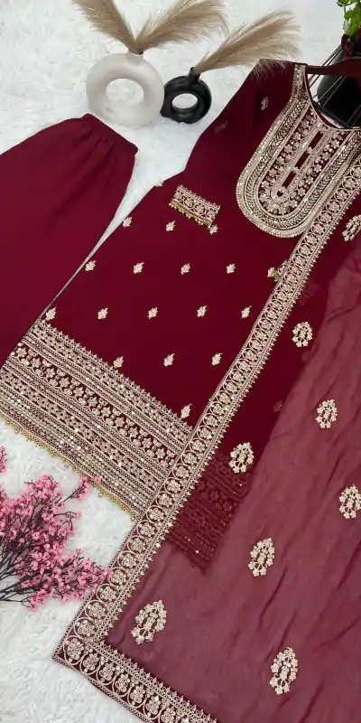 SRK 5162 Maroon Color Faux Georgette Embroidery Salwar Suit Wedding, Party, Festive, Events Expected Delivery 4-6 Working Days @ 1999/- | Casual Suits, Creative suits, Designer Suits, Palazzo Suits, Party Wear Suits, Patiala Suits, Salwar suit, Straight Suits