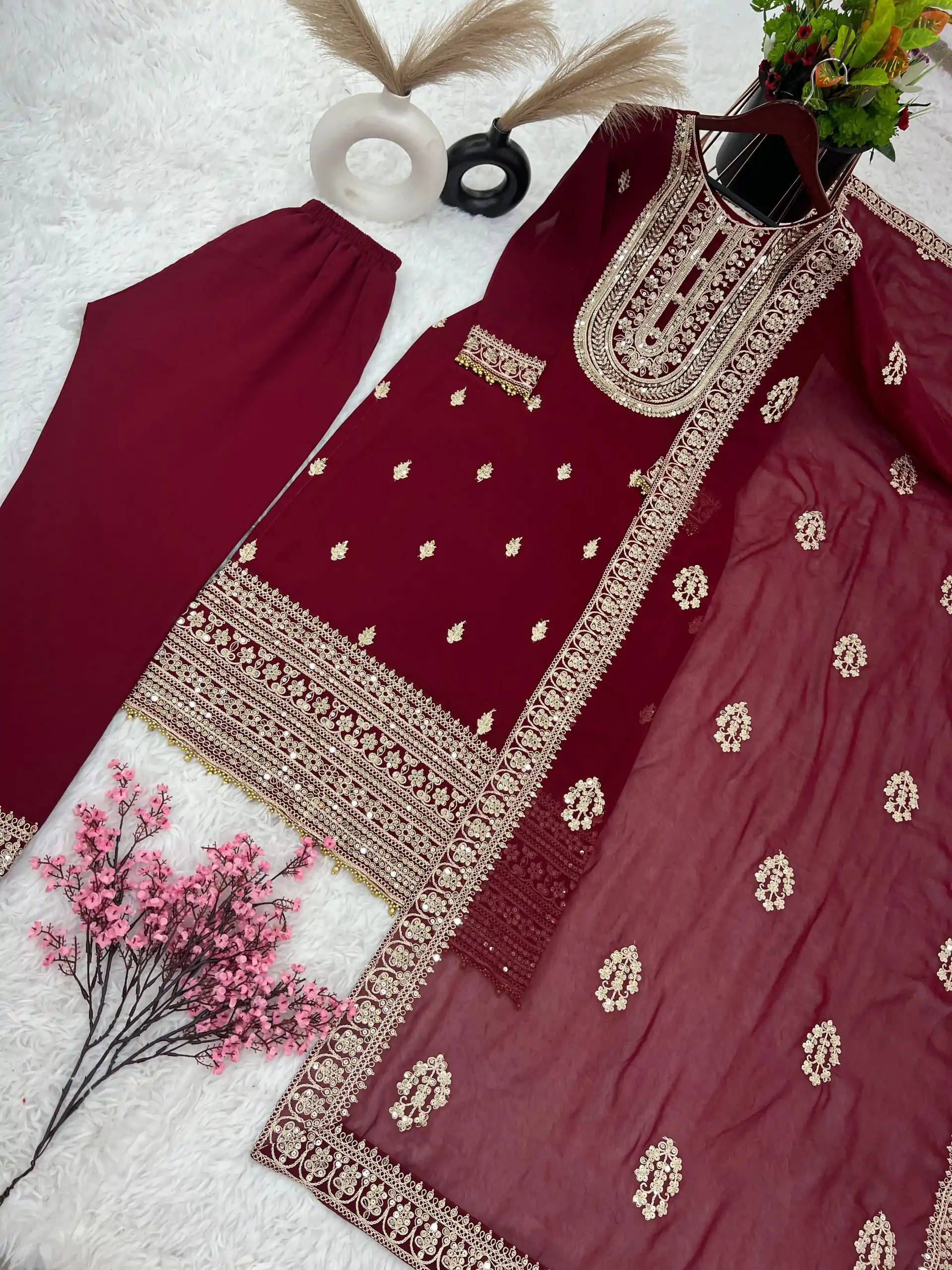 SRK 5162 Maroon Color Faux Georgette Embroidery Salwar Suit Wedding, Party, Festive, Events Expected Delivery 4-6 Working Days @ 1999/- | Casual Suits, Creative suits, Designer Suits, Palazzo Suits, Party Wear Suits, Patiala Suits, Salwar suit, Straight Suits
