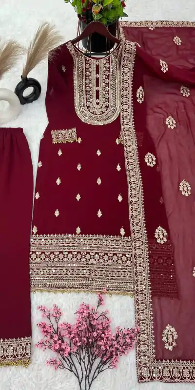 SRK 5162 Maroon Color Faux Georgette Embroidery Salwar Suit Wedding, Party, Festive, Events Expected Delivery 4-6 Working Days @ 1999/- | Casual Suits, Creative suits, Designer Suits, Palazzo Suits, Party Wear Suits, Patiala Suits, Salwar suit, Straight Suits