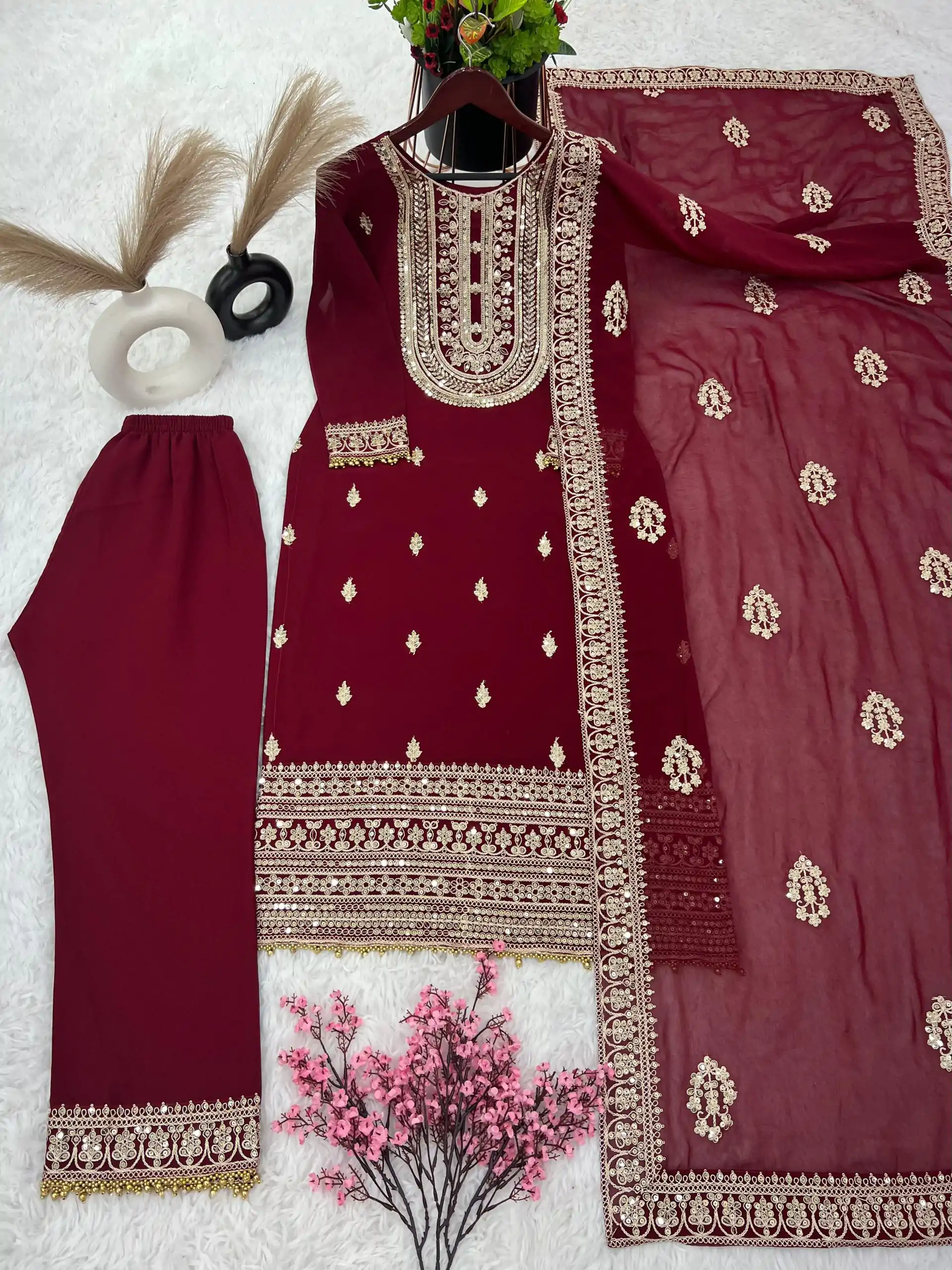 SRK 5162 Maroon Color Faux Georgette Embroidery Salwar Suit Wedding, Party, Festive, Events Expected Delivery 4-6 Working Days @ 1999/- | Casual Suits, Creative suits, Designer Suits, Palazzo Suits, Party Wear Suits, Patiala Suits, Salwar suit, Straight Suits