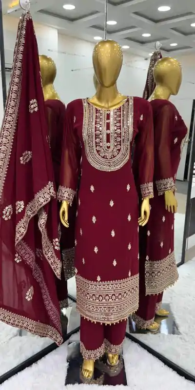 SRK 5162 Maroon Color Faux Georgette Embroidery Salwar Suit Wedding, Party, Festive, Events Expected Delivery 4-6 Working Days @ 1999/- | Casual Suits, Creative suits, Designer Suits, Palazzo Suits, Party Wear Suits, Patiala Suits, Salwar suit, Straight Suits