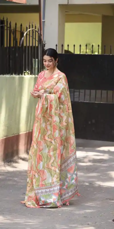 Veechis 111 Pista Green Color Linen Beautiful Digital Printed Work Saree Casual, Party Festive, Events. Expected Delivery 4-6 Working Days @1549/- | Bollywood Sarees, Creative Sarees, Designer Sarees, Embroidered Sarees, Modern Digital sarees, Party Wear Sarees, Sarees