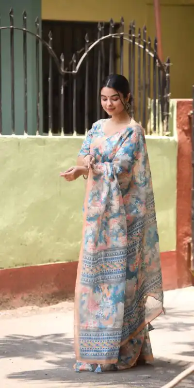 Veechis 111 Sky Blue Color Linen Beautiful Digital Printed Work Saree Casual, Party Festive, Events. Expected Delivery 4-6 Working Days @1549/- | Bollywood Sarees, Creative Sarees, Designer Sarees, Embroidered Sarees, Modern Digital sarees, Party Wear Sarees, Sarees