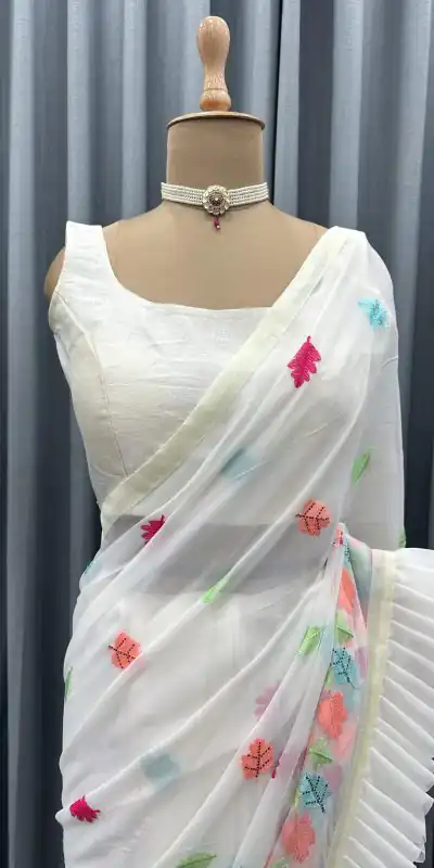 KD 390 White Color Faux Georgette Thread With Fancy Ruffle Saree Casual, Party, Wedding, Festive, Events Etc. Expected Delivery 4-6 Working Days @1749/- | Bollywood Sarees, Creative Sarees, Designer Sarees, Embroidered Sarees, Ethnic Saree, Modern Digital sarees, Party Wear Sarees, Sarees