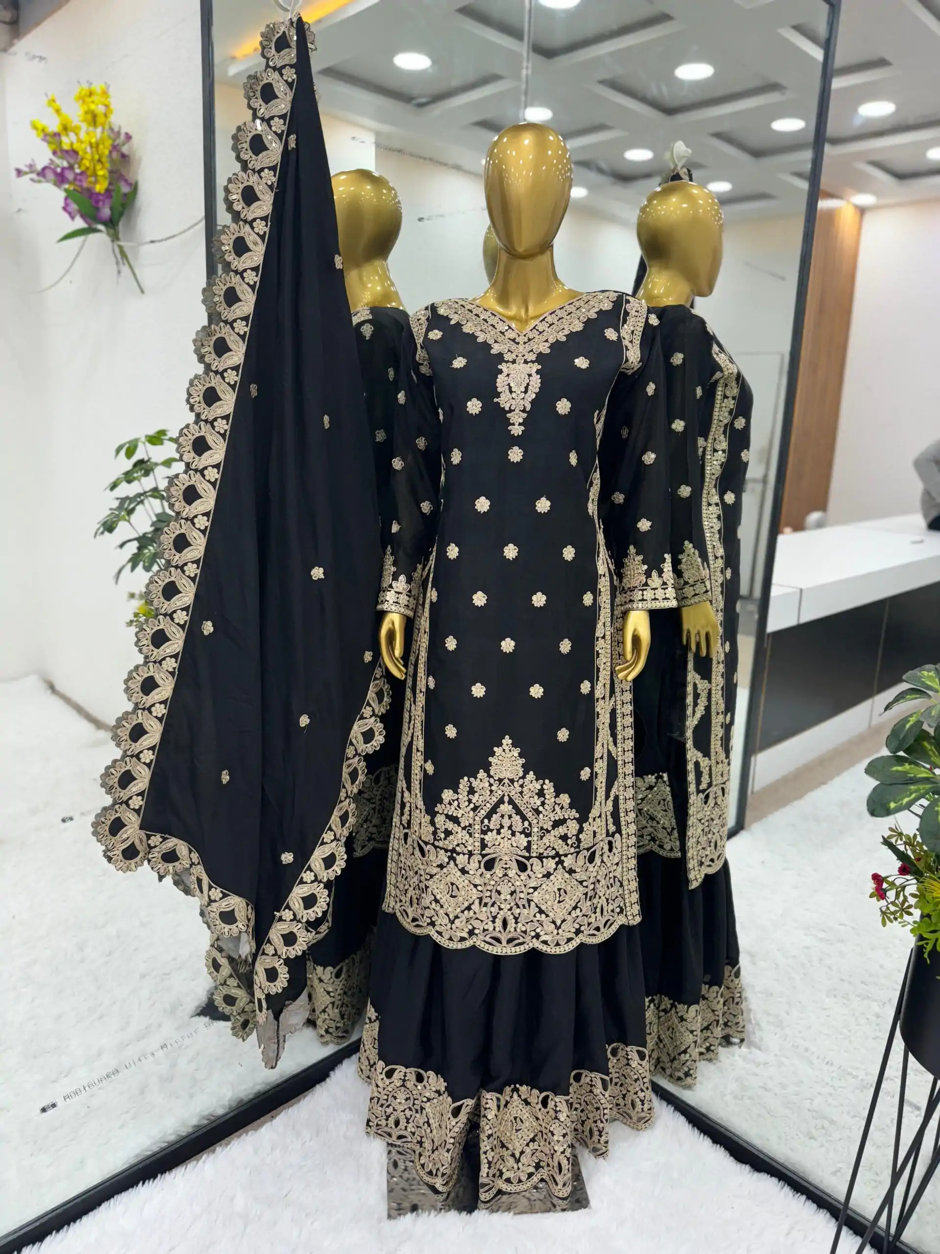 SRK 5166 Black Color Pure Chinnon Silk Embroidery Sequence Salwar Suit Wedding, Party, Festive, Events Expected Delivery 4-6 Working Days @ 2399/- | Jump Suits, Casual Suits, Creative suits, Designer Suits, Palazzo Suits, Party Wear Suits, Patiala Suits, Salwar suit, Straight Suits