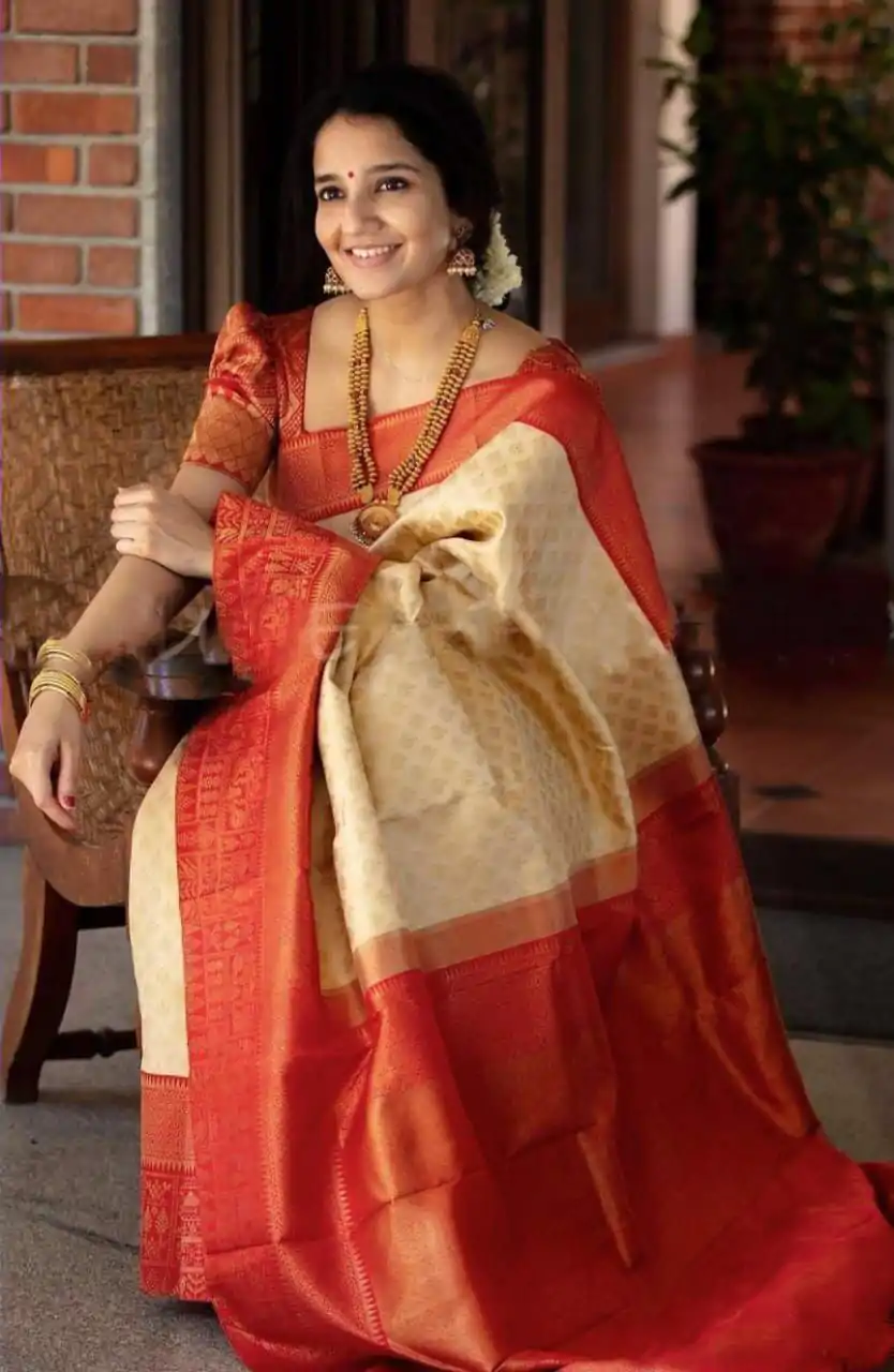 KP 2099 Cream Color Soft Lichi Silk Jacquard On All Over Saree Casual, Party Wear, Wedding, Events Etc. Expected Delivery 4-6 Working Days @1499/- | Bollywood Sarees, Creative Sarees, Designer Sarees, Embroidered Sarees, Ethnic Saree, Modern Digital sarees, Party Wear Sarees, Sarees