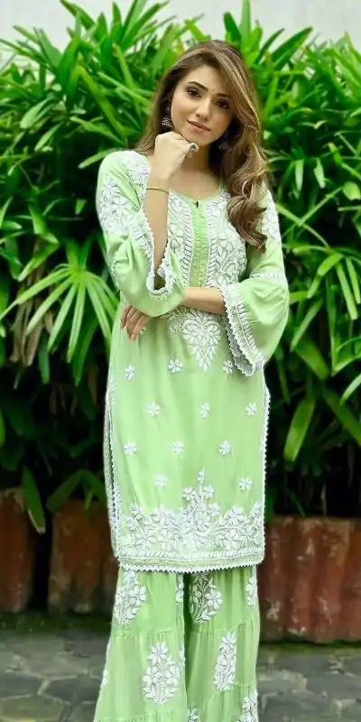AD 160 Green Color Rayon Chicken Keri Embroidery Sharara Suit Casual, Wedding, Party, Festive, Events Etc. Expected Delivery 4-6 Working Days @1849/- | Jump Suits, Casual Suits, Creative suits, Designer Suits, Palazzo Suits, Party Wear Suits, Patiala Suits, Salwar suit, Straight Suits