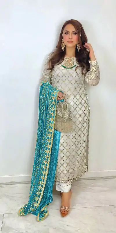 SRK 5133 White & Blue Color Faux Georgette Embroidery Salwar Suit Wedding, Party, Festive, Events Expected Delivery 4-6 Working Days @ 2449/- | Casual Suits, Creative suits, Designer Suits, Palazzo Suits, Party Wear Suits, Patiala Suits, Salwar suit, Straight Suits