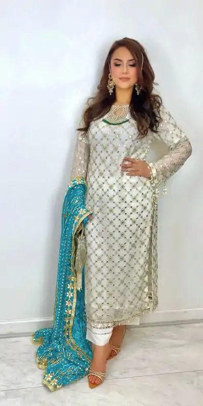SRK 5133 White & Blue Color Faux Georgette Embroidery Salwar Suit Wedding, Party, Festive, Events Expected Delivery 4-6 Working Days @ 2449/- | Casual Suits, Creative suits, Designer Suits, Palazzo Suits, Party Wear Suits, Patiala Suits, Salwar suit, Straight Suits