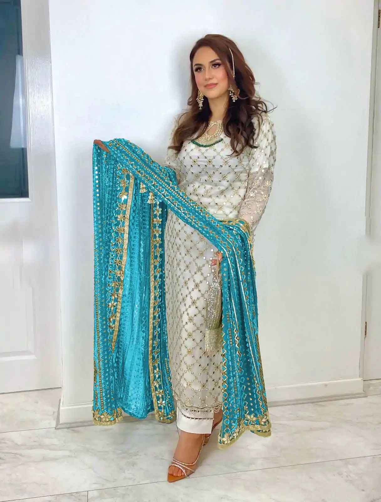 SRK 5133 White & Blue Color Faux Georgette Embroidery Salwar Suit Wedding, Party, Festive, Events Expected Delivery 4-6 Working Days @ 2449/- | Casual Suits, Creative suits, Designer Suits, Palazzo Suits, Party Wear Suits, Patiala Suits, Salwar suit, Straight Suits