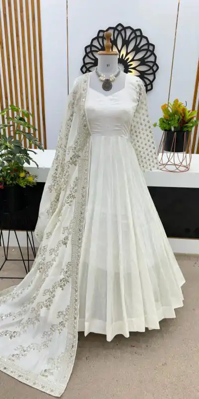 ZF 378 White Color Chinon Silk Embroidery Sequence Work Gown Casual, Wedding, Party, Festive, Events Etc. Expected Delivery 4-6 Working Days @2099/- | Bollywood Gowns, Creative Gowns, Designer Gowns, Embroidered Gowns, Gowns, Party Wear Gowns
