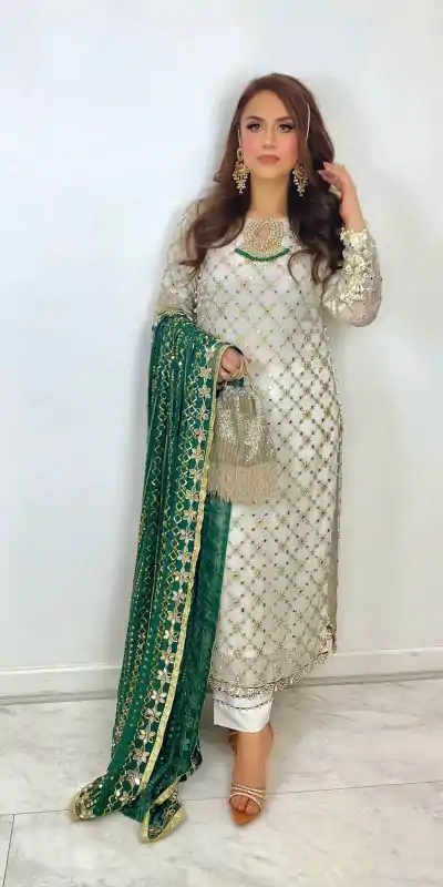 SRK 5133 White & Green Color Faux Georgette Embroidery Salwar Suit Wedding, Party, Festive, Events Expected Delivery 4-6 Working Days @ 2449/- | Casual Suits, Creative suits, Designer Suits, Palazzo Suits, Party Wear Suits, Patiala Suits, Salwar suit, Straight Suits