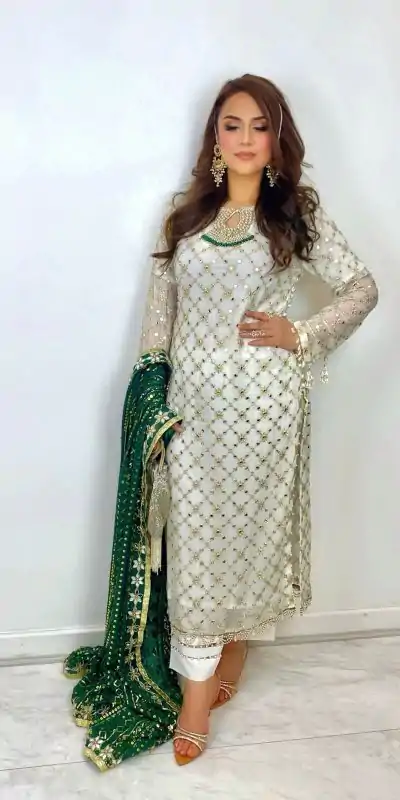 SRK 5133 White & Green Color Faux Georgette Embroidery Salwar Suit Wedding, Party, Festive, Events Expected Delivery 4-6 Working Days @ 2449/- | Casual Suits, Creative suits, Designer Suits, Palazzo Suits, Party Wear Suits, Patiala Suits, Salwar suit, Straight Suits