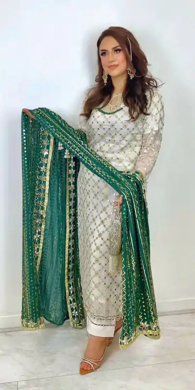 SRK 5133 White & Green Color Faux Georgette Embroidery Salwar Suit Wedding, Party, Festive, Events Expected Delivery 4-6 Working Days @ 2449/- | Casual Suits, Creative suits, Designer Suits, Palazzo Suits, Party Wear Suits, Patiala Suits, Salwar suit, Straight Suits