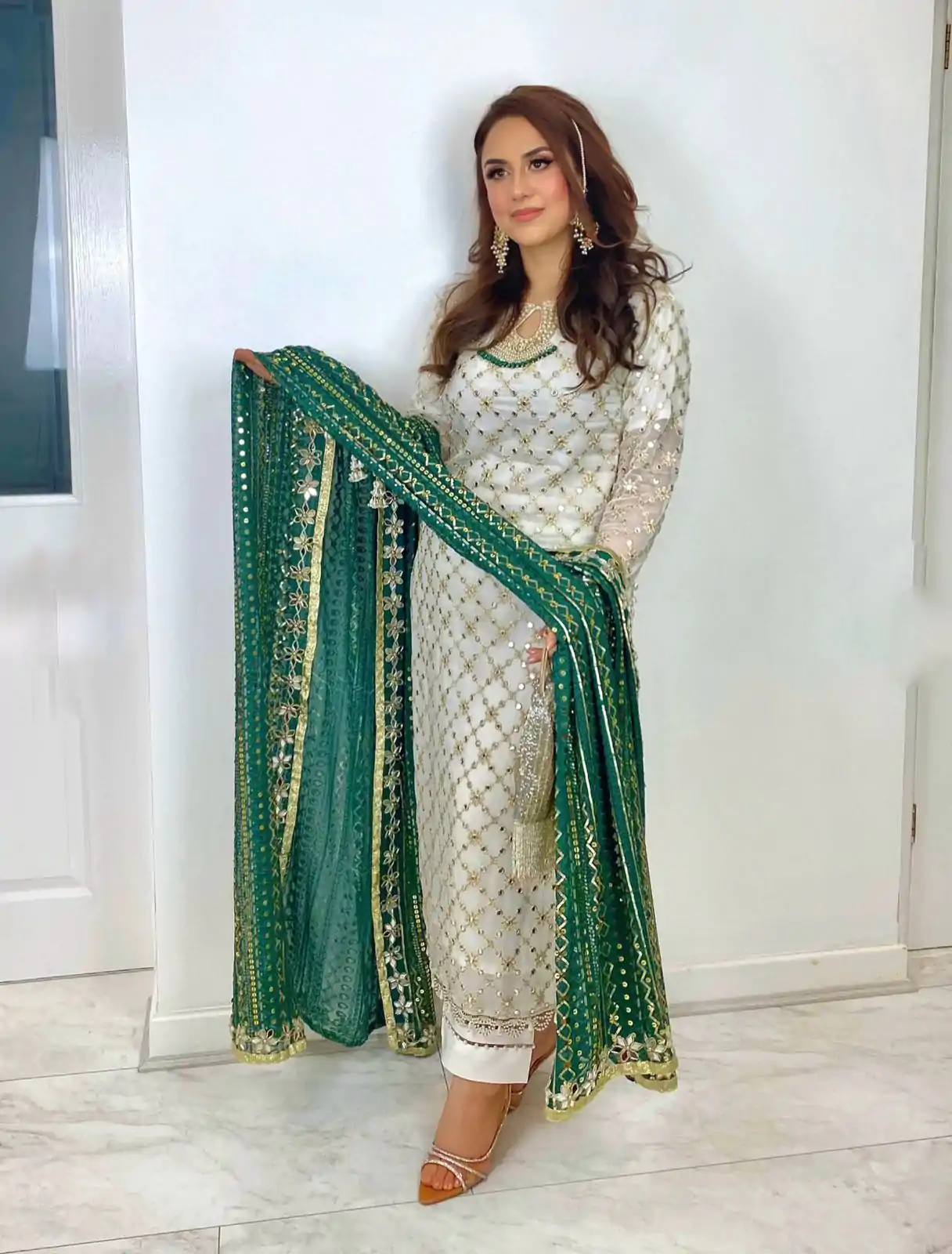 SRK 5133 White & Green Color Faux Georgette Embroidery Salwar Suit Wedding, Party, Festive, Events Expected Delivery 4-6 Working Days @ 2449/- | Casual Suits, Creative suits, Designer Suits, Palazzo Suits, Party Wear Suits, Patiala Suits, Salwar suit, Straight Suits