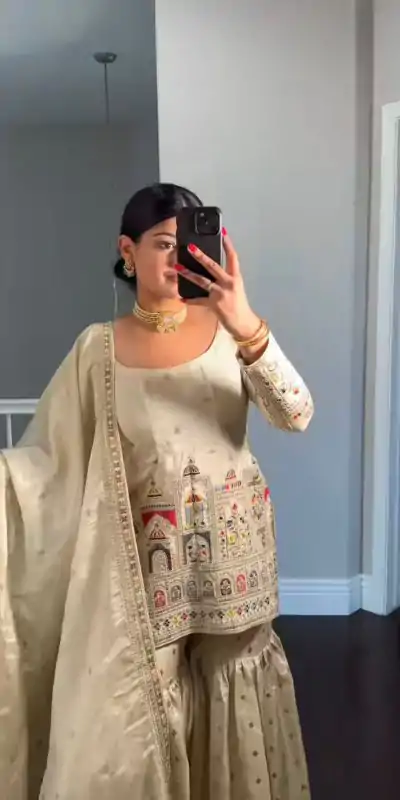 NSR 811 Cream Color Pure Chinnon Silk Embroidery Coding Salwar Suit Casual, Party Festive, Events Etc. Expected Delivery 4-6 Working Days @2149/- | Jump Suits, Casual Suits, Creative suits, Designer Suits, Palazzo Suits, Party Wear Suits, Patiala Suits, Salwar suit, Straight Suits