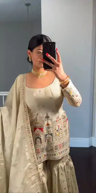 NSR 811 Cream Color Pure Chinnon Silk Embroidery Coding Salwar Suit Casual, Party Festive, Events Etc. Expected Delivery 4-6 Working Days @2149/- | Jump Suits, Casual Suits, Creative suits, Designer Suits, Palazzo Suits, Party Wear Suits, Patiala Suits, Salwar suit, Straight Suits