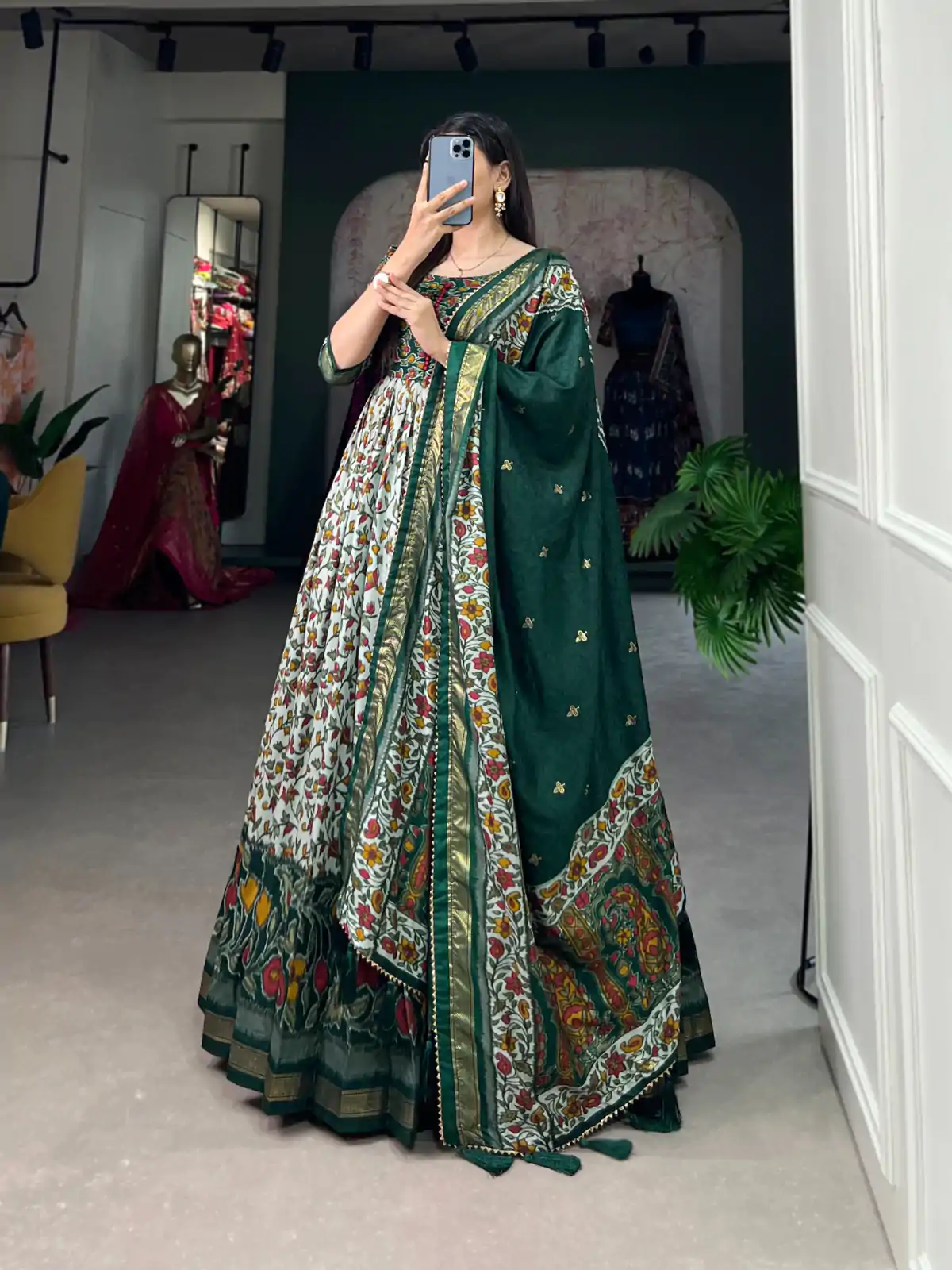 YNF 5036 Green Color Tussar Silk Floral Print With Foil Print Gown Casual, Wedding, Festive, Events, Designer Party Wear, Delivery 4-6 Working Days @2049 | Bollywood Gowns, Creative Gowns, Designer Gowns, Embroidered Gowns, Gowns, Party Wear Gowns