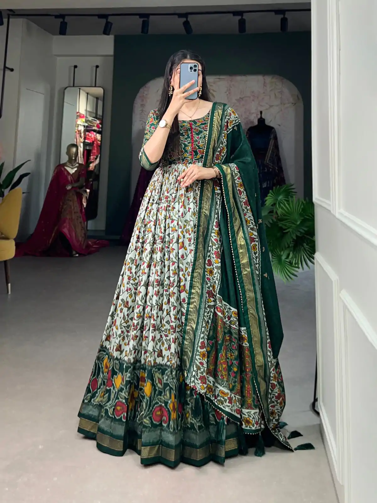 YNF 5036 Green Color Tussar Silk Floral Print With Foil Print Gown Casual, Wedding, Festive, Events, Designer Party Wear, Delivery 4-6 Working Days @2049 | Bollywood Gowns, Creative Gowns, Designer Gowns, Embroidered Gowns, Gowns, Party Wear Gowns