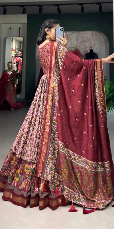 YNF 5036 Maroon Color Tussar Silk Floral Print With Foil Print Gown Casual, Wedding, Festive, Events, Designer Party Wear, Delivery 4-6 Working Days @2049 | Bollywood Gowns, Creative Gowns, Designer Gowns, Embroidered Gowns, Gowns, Party Wear Gowns