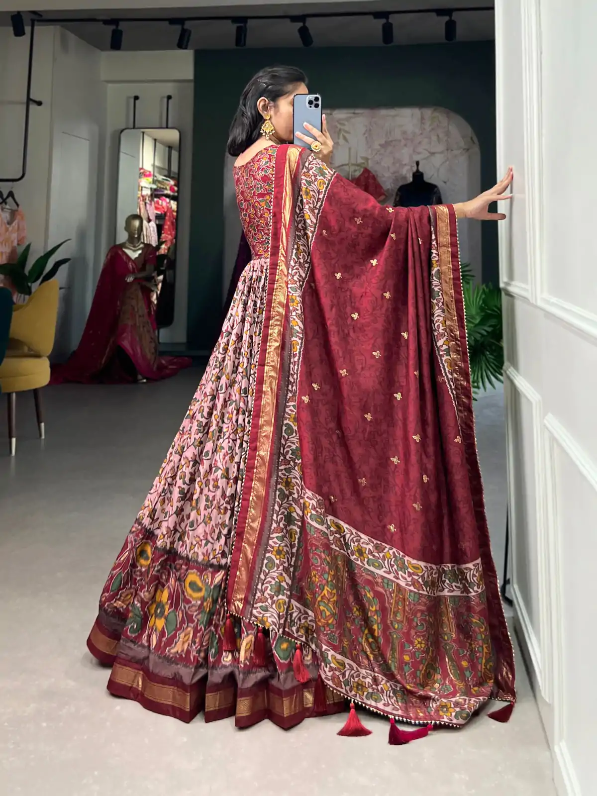 YNF 5036 Maroon Color Tussar Silk Floral Print With Foil Print Gown Casual, Wedding, Festive, Events, Designer Party Wear, Delivery 4-6 Working Days @2049 | Bollywood Gowns, Creative Gowns, Designer Gowns, Embroidered Gowns, Gowns, Party Wear Gowns