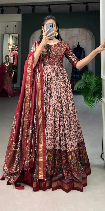 YNF 5036 Maroon Color Tussar Silk Floral Print With Foil Print Gown Casual, Wedding, Festive, Events, Designer Party Wear, Delivery 4-6 Working Days @2049 | Bollywood Gowns, Creative Gowns, Designer Gowns, Embroidered Gowns, Gowns, Party Wear Gowns