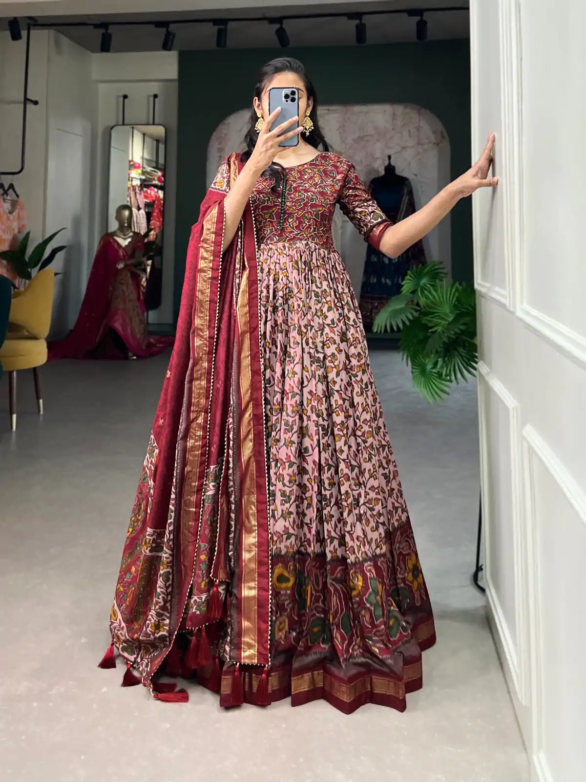 YNF 5036 Maroon Color Tussar Silk Floral Print With Foil Print Gown Casual, Wedding, Festive, Events, Designer Party Wear, Delivery 4-6 Working Days @2049 | Bollywood Gowns, Creative Gowns, Designer Gowns, Embroidered Gowns, Gowns, Party Wear Gowns