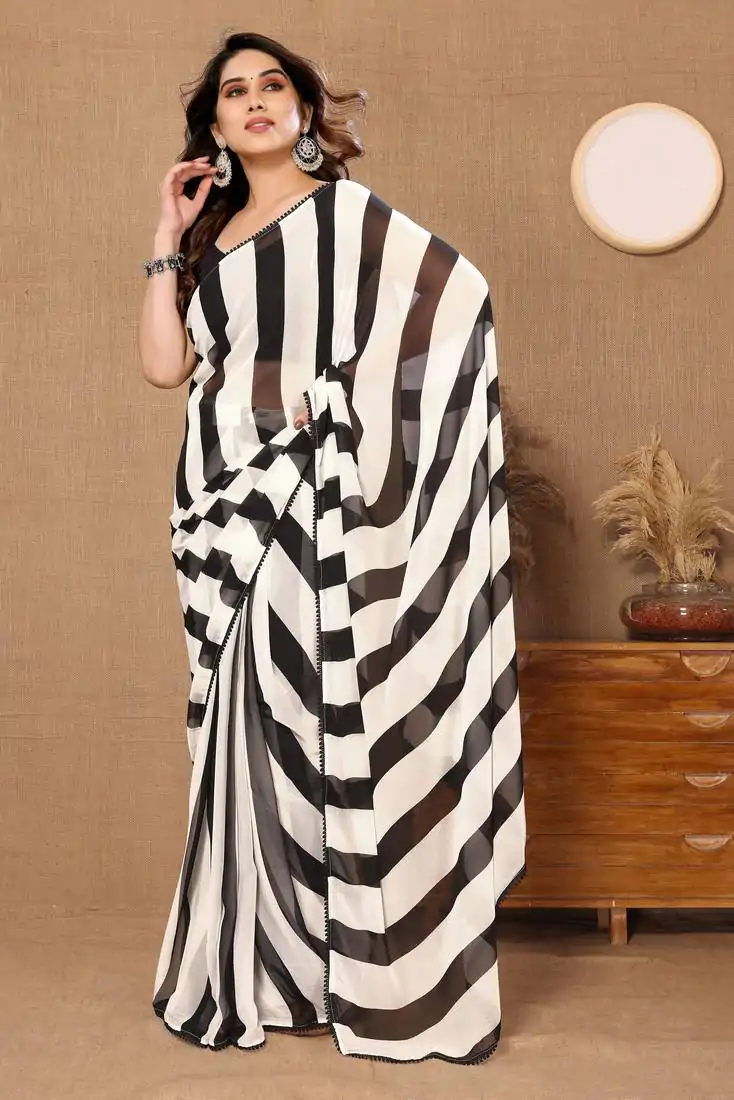 SC 272 Zebra White Color Pure Soft Georgette Silk Design All Over Saree , Party Wear, Events, Festivals Expected Delivery 4-6 Working Days 1599/- | Bollywood Sarees, Creative Sarees, Designer Sarees, Embroidered Sarees, Ethnic Saree, Modern Digital sarees, Party Wear Sarees, Sarees