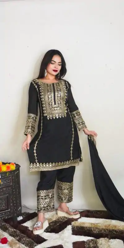 SRK 5151 Black Color Pure Chinnon Silk Embroidery Sequence Salwar Suit Wedding, Party, Festive, Events Expected Delivery 4-6 Working Days @ 1949/- | Jump Suits, Casual Suits, Creative suits, Designer Suits, Palazzo Suits, Party Wear Suits, Patiala Suits, Salwar suit, Straight Suits