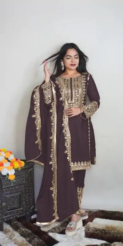 SRK 5151 Coffee Color Pure Chinnon Silk Embroidery Sequence Salwar Suit Wedding, Party, Festive, Events Expected Delivery 4-6 Working Days @ 1949/- | Jump Suits, Casual Suits, Creative suits, Designer Suits, Palazzo Suits, Party Wear Suits, Patiala Suits, Salwar suit, Straight Suits