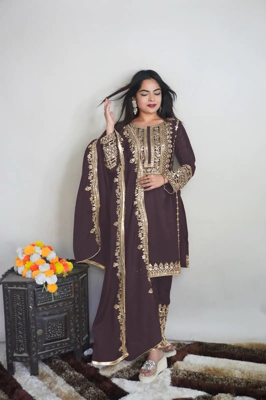 SRK 5151 Coffee Color Pure Chinnon Silk Embroidery Sequence Salwar Suit Wedding, Party, Festive, Events Expected Delivery 4-6 Working Days @ 1949/- | Jump Suits, Casual Suits, Creative suits, Designer Suits, Palazzo Suits, Party Wear Suits, Patiala Suits, Salwar suit, Straight Suits