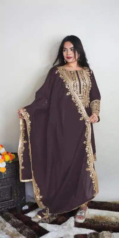 SRK 5151 Coffee Color Pure Chinnon Silk Embroidery Sequence Salwar Suit Wedding, Party, Festive, Events Expected Delivery 4-6 Working Days @ 1949/- | Jump Suits, Casual Suits, Creative suits, Designer Suits, Palazzo Suits, Party Wear Suits, Patiala Suits, Salwar suit, Straight Suits