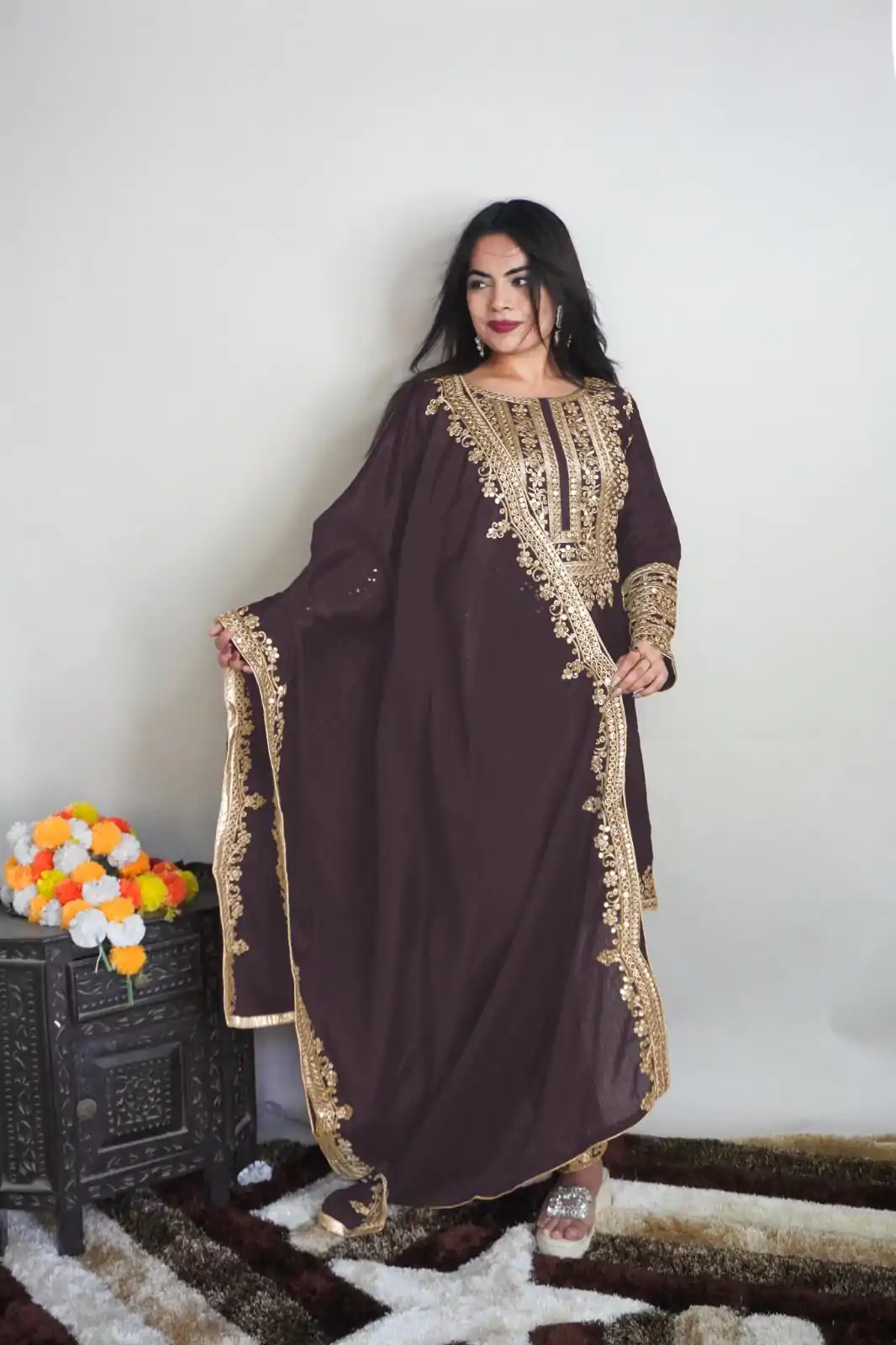 SRK 5151 Coffee Color Pure Chinnon Silk Embroidery Sequence Salwar Suit Wedding, Party, Festive, Events Expected Delivery 4-6 Working Days @ 1949/- | Jump Suits, Casual Suits, Creative suits, Designer Suits, Palazzo Suits, Party Wear Suits, Patiala Suits, Salwar suit, Straight Suits