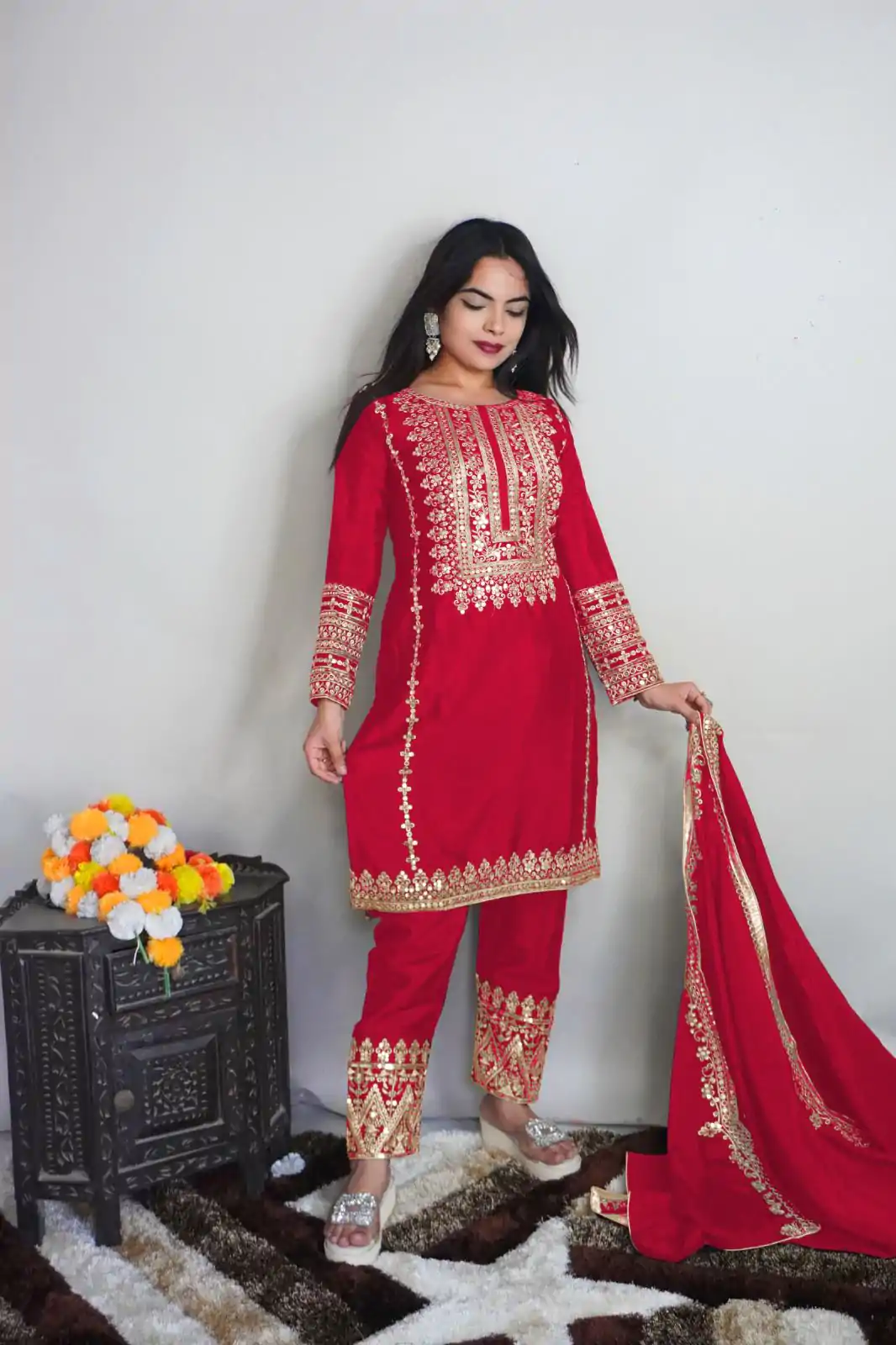 SRK 5151 Red Color Pure Chinnon Silk Embroidery Sequence Salwar Suit Wedding, Party, Festive, Events Expected Delivery 4-6 Working Days @ 1949/- | Jump Suits, Casual Suits, Creative suits, Designer Suits, Palazzo Suits, Party Wear Suits, Patiala Suits, Salwar suit, Straight Suits