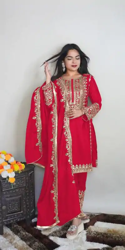 SRK 5151 Red Color Pure Chinnon Silk Embroidery Sequence Salwar Suit Wedding, Party, Festive, Events Expected Delivery 4-6 Working Days @ 1949/- | Jump Suits, Casual Suits, Creative suits, Designer Suits, Palazzo Suits, Party Wear Suits, Patiala Suits, Salwar suit, Straight Suits