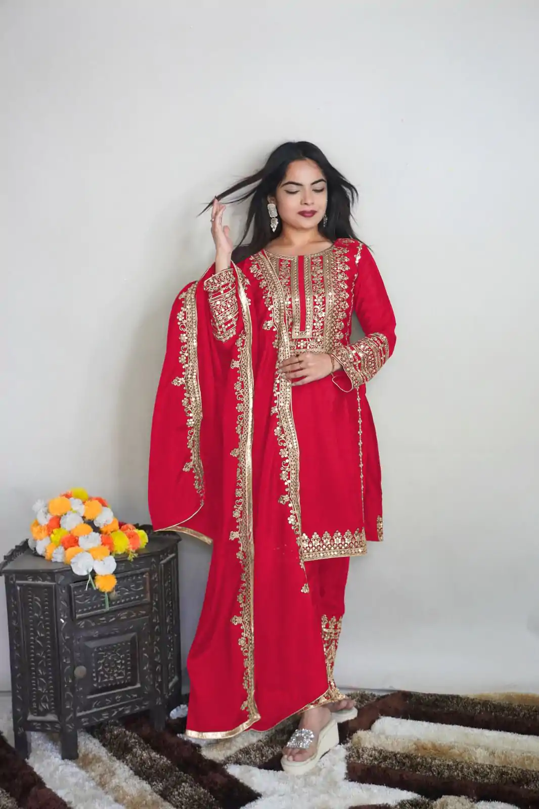 SRK 5151 Red Color Pure Chinnon Silk Embroidery Sequence Salwar Suit Wedding, Party, Festive, Events Expected Delivery 4-6 Working Days @ 1949/- | Jump Suits, Casual Suits, Creative suits, Designer Suits, Palazzo Suits, Party Wear Suits, Patiala Suits, Salwar suit, Straight Suits