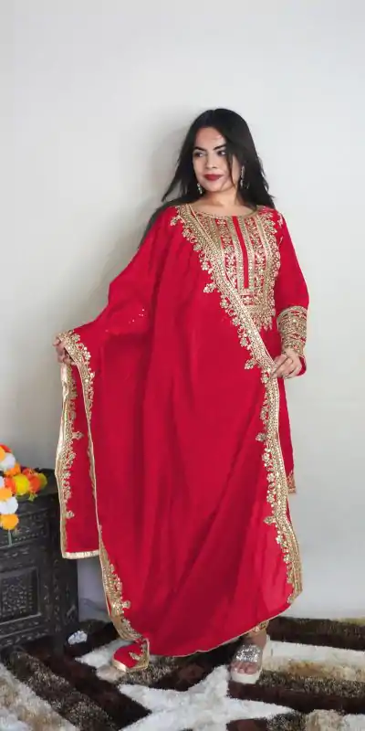 SRK 5151 Red Color Pure Chinnon Silk Embroidery Sequence Salwar Suit Wedding, Party, Festive, Events Expected Delivery 4-6 Working Days @ 1949/- | Jump Suits, Casual Suits, Creative suits, Designer Suits, Palazzo Suits, Party Wear Suits, Patiala Suits, Salwar suit, Straight Suits
