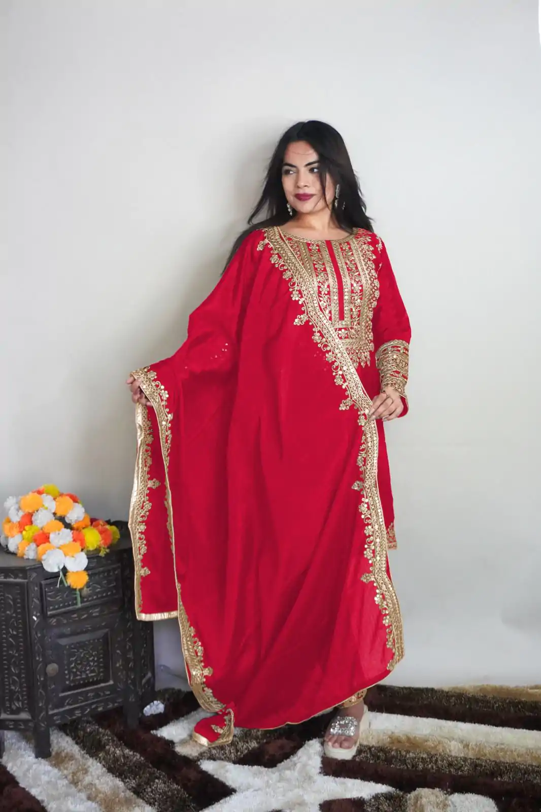 SRK 5151 Red Color Pure Chinnon Silk Embroidery Sequence Salwar Suit Wedding, Party, Festive, Events Expected Delivery 4-6 Working Days @ 1949/- | Jump Suits, Casual Suits, Creative suits, Designer Suits, Palazzo Suits, Party Wear Suits, Patiala Suits, Salwar suit, Straight Suits