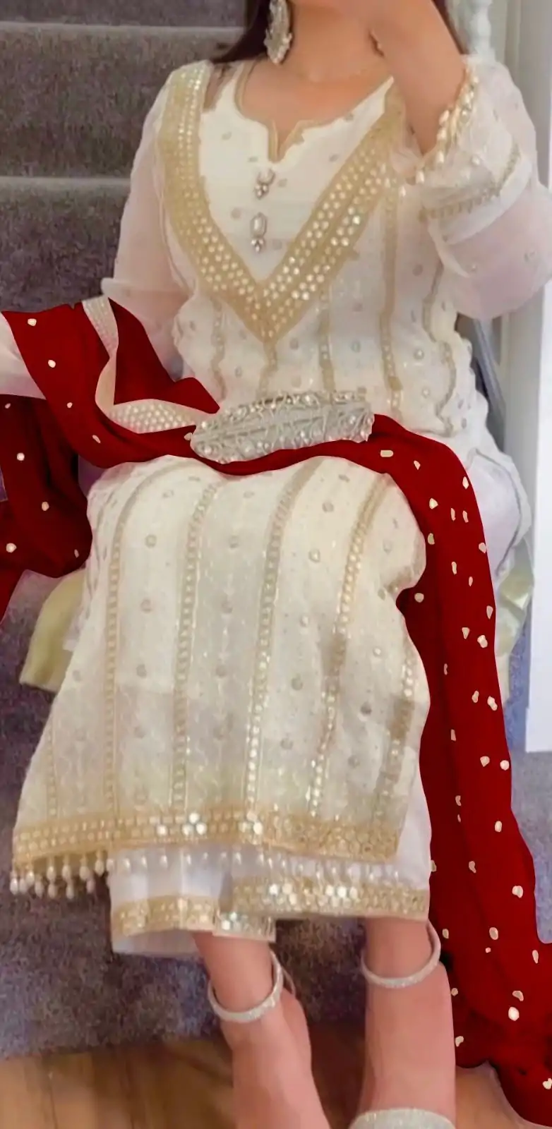 NF 1213 White & Red color Georgette Embroidery Sequence Salwar Suit Casual, Wedding, Party, Festive, Events . Expected Delivery 4-6 Working Days @2399 | Casual Suits, Creative suits, Designer Suits, Palazzo Suits, Party Wear Suits, Patiala Suits, Salwar suit, Straight Suits