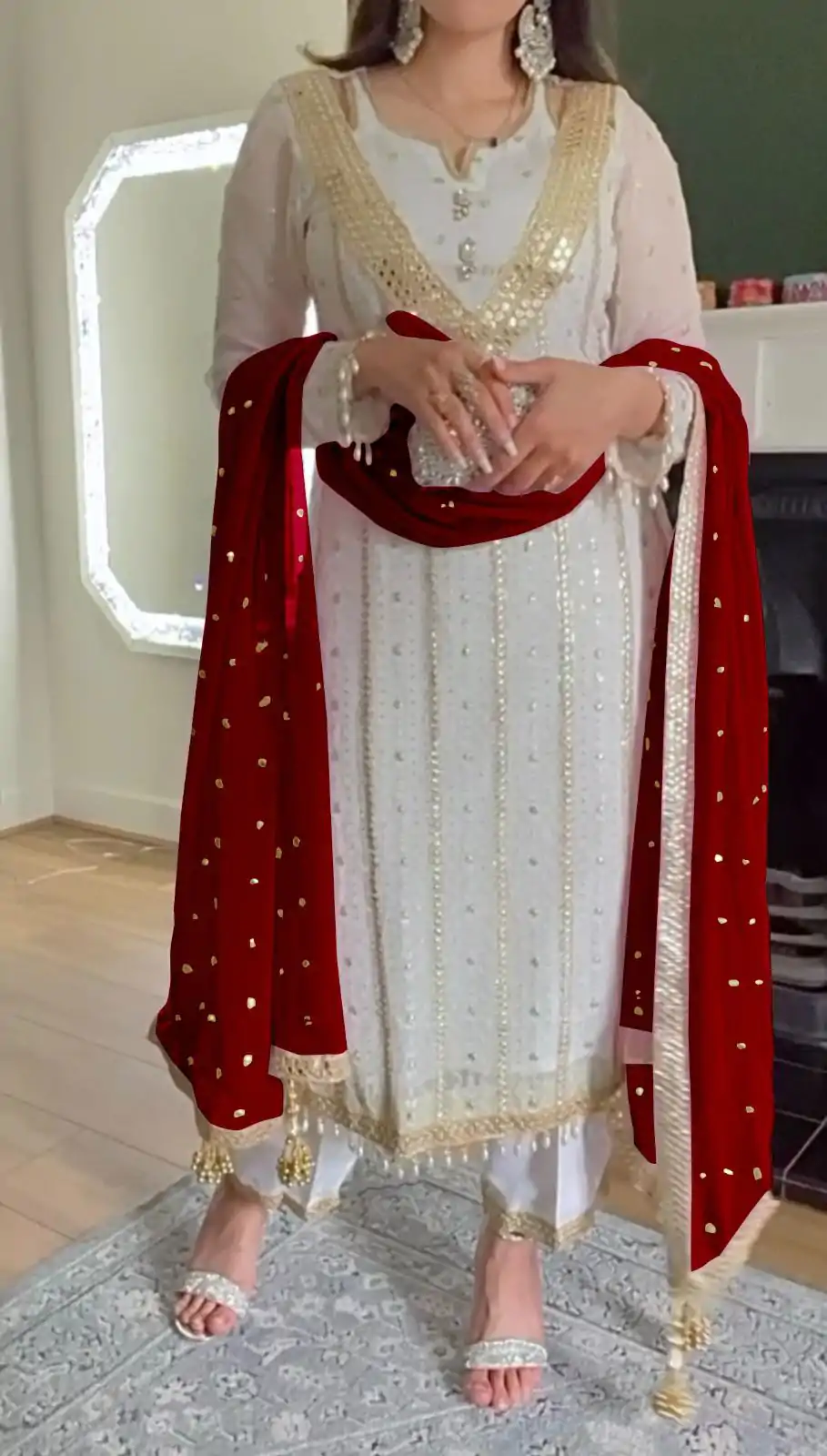 NF 1213 White & Red color Georgette Embroidery Sequence Salwar Suit Casual, Wedding, Party, Festive, Events . Expected Delivery 4-6 Working Days @2399 | Casual Suits, Creative suits, Designer Suits, Palazzo Suits, Party Wear Suits, Patiala Suits, Salwar suit, Straight Suits
