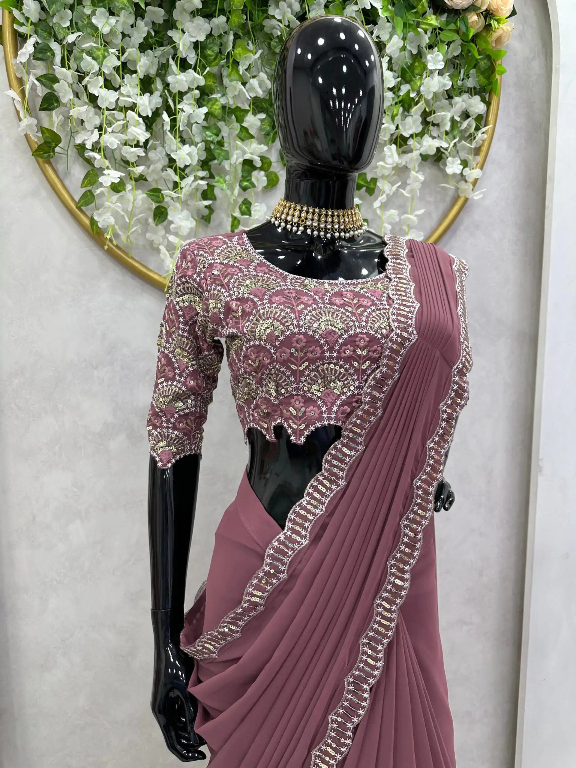 KD 477 Peach Color Faux Georgette Thread Sequence Work Saree Casual, Party Wear, Wedding, Events Etc. Expected Delivery 4-6 Working Days @1849/- | Bollywood Sarees, Creative Sarees, Designer Sarees, Embroidered Sarees, Ethnic Saree, Modern Digital sarees, Party Wear Sarees, Sarees