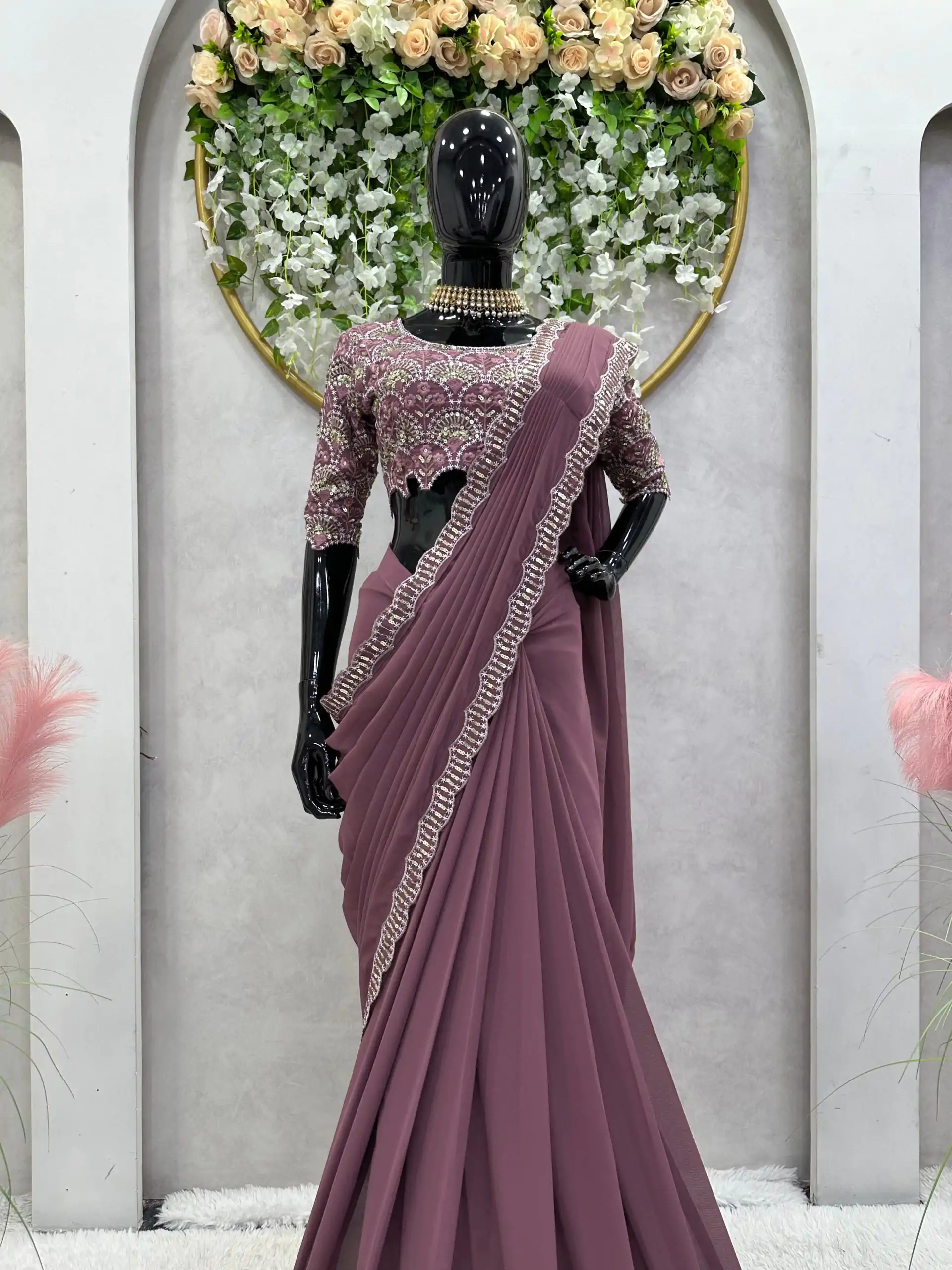 KD 477 Peach Color Faux Georgette Thread Sequence Work Saree Casual, Party Wear, Wedding, Events Etc. Expected Delivery 4-6 Working Days @1849/- | Bollywood Sarees, Creative Sarees, Designer Sarees, Embroidered Sarees, Ethnic Saree, Modern Digital sarees, Party Wear Sarees, Sarees