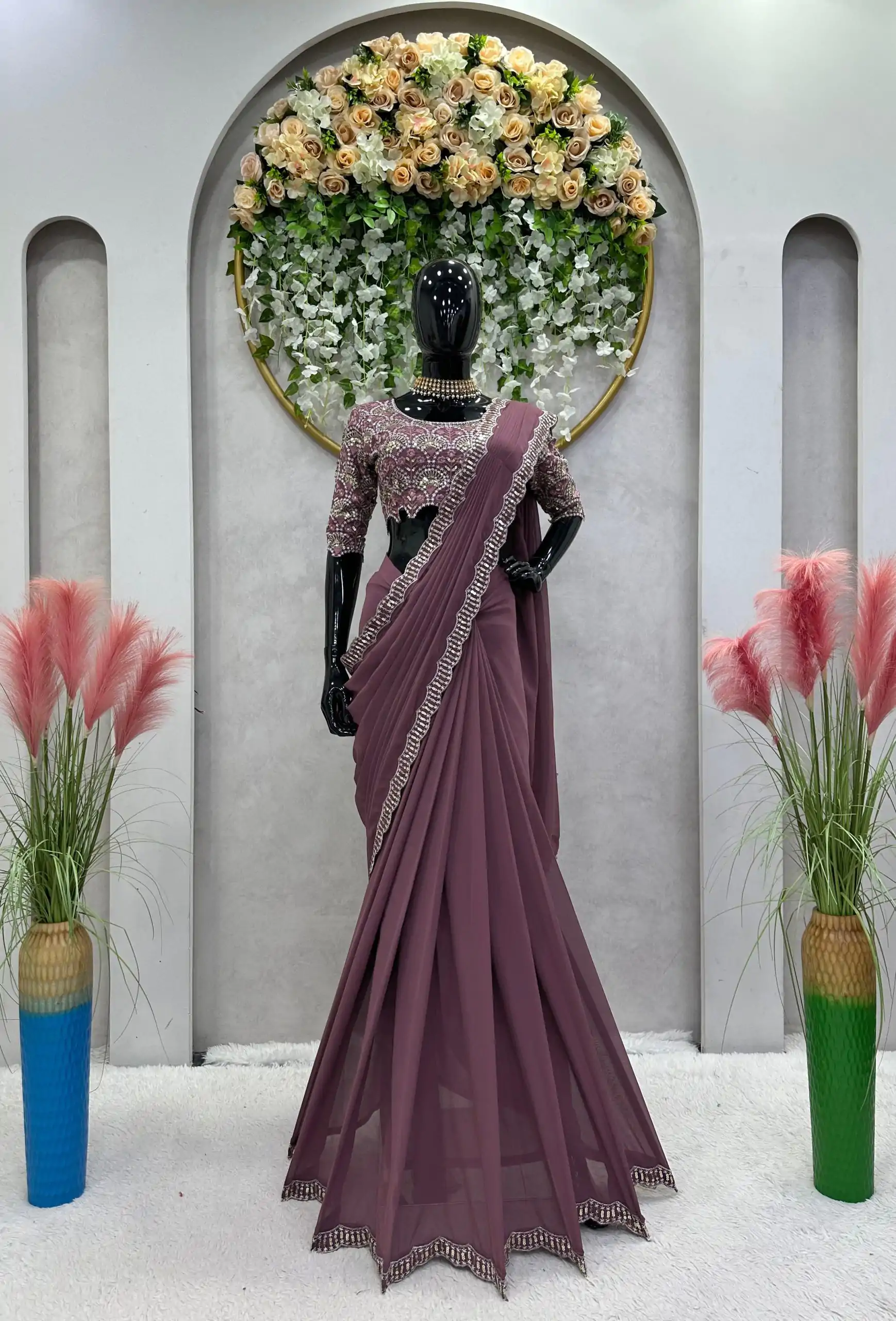 KD 477 Peach Color Faux Georgette Thread Sequence Work Saree Casual, Party Wear, Wedding, Events Etc. Expected Delivery 4-6 Working Days @1849/- | Bollywood Sarees, Creative Sarees, Designer Sarees, Embroidered Sarees, Ethnic Saree, Modern Digital sarees, Party Wear Sarees, Sarees