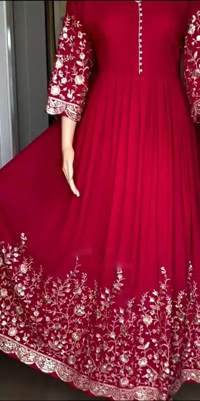 red colour dress design Red Color Designer Gown with Sequins Embroidery Work L / White